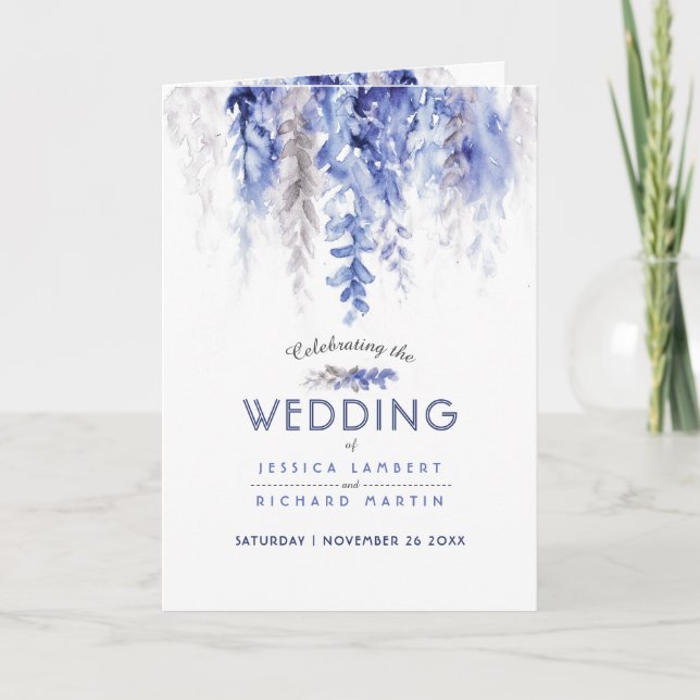 Programme Vin cascade aquarelle bleu gris blanc mariage (Devant)