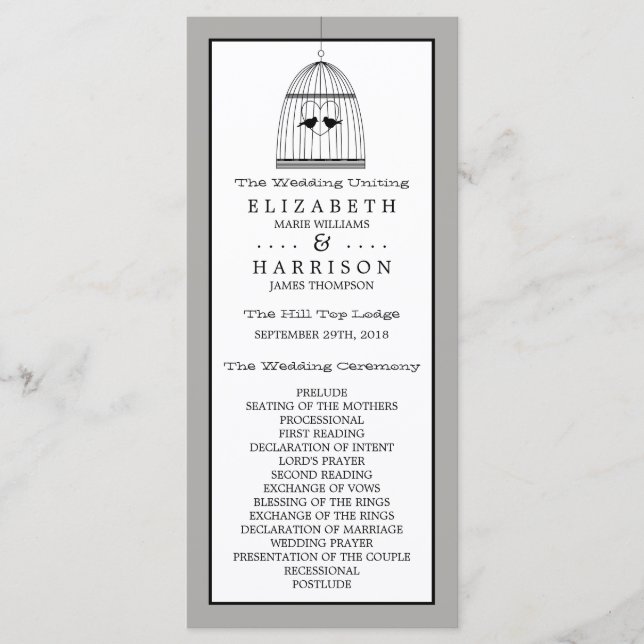 Programme vintage de mariage d'oiseaux cardiaques (Devant)