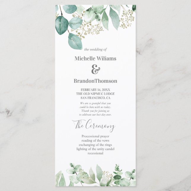 Programme Water colored for wedding Eucalyptus (Devant)