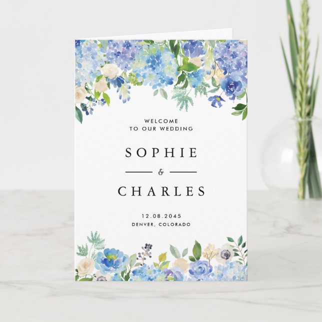 Programme Watercolor Blue Hydrangea Mariage Livret (Devant)