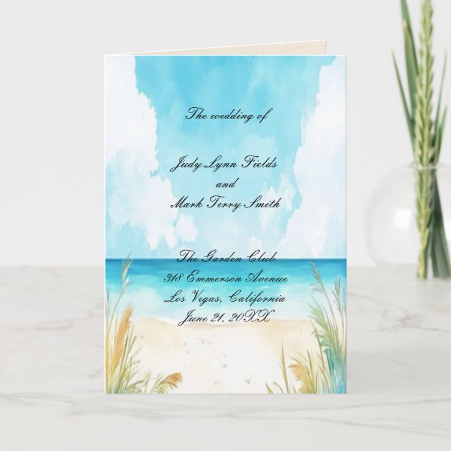 Programme Watercolor Blue Ocean Beach Wedding (Devant)