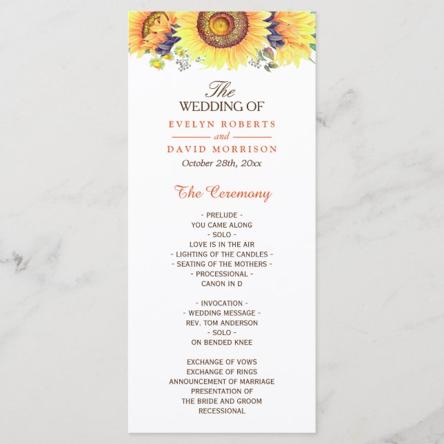Programme Watercolor Sunflowers Rustic Chic Wedding Programm (Devant)