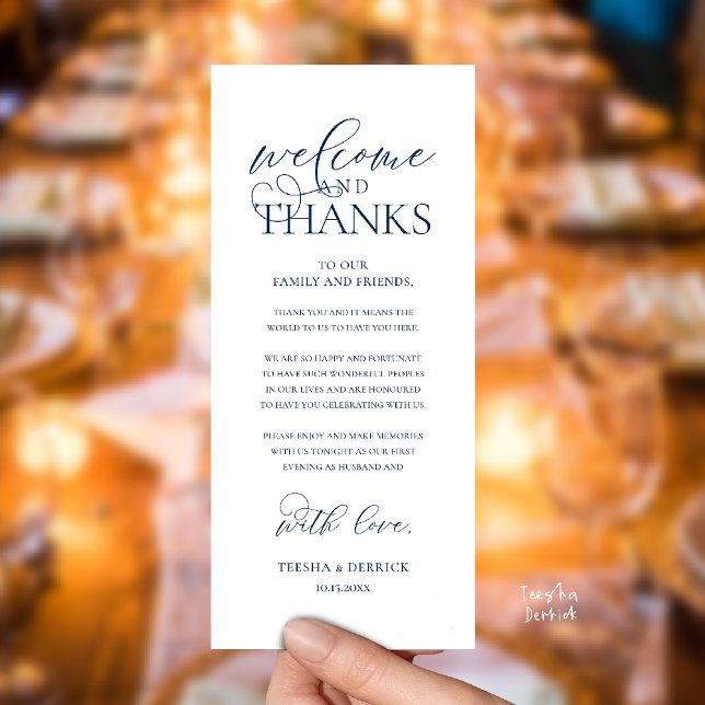Programme "Welcome and Thanks" Classy Reception Guest Card ("Welcome and Thanks" Classy Wedding Romantic Reception Guest Card in navy blue)