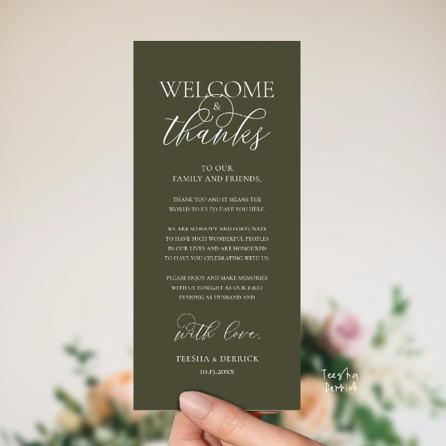 Programme "Welcome and Thanks" Elegant Reception Guest Card ("Welcome and Thanks" Elegant Wedding Reception Guest Thank you Card in Olive Green)
