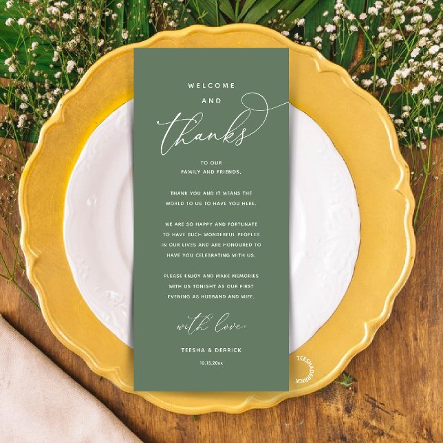 Programme "Welcome and Thanks" Elegant Reception Guest Card (Modern Elegant Wedding Reception "Welcome and Thanks" Table Card for Guest in Sage Green)