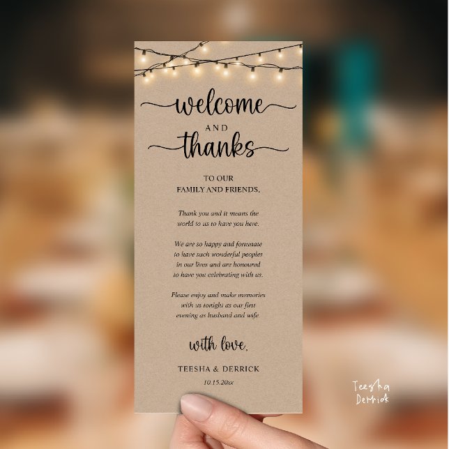 Programme "Welcome and Thanks" Rustic Reception Guest Card ("Welcome and Thanks" Rustic Reception Guest Card in String Lights Brown Kraft)
