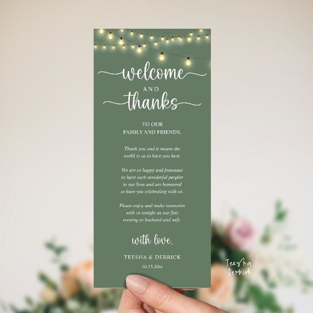 Programme "Welcome and Thanks" Rustic Reception Guest Card ("Welcome and Thanks" Rustic Reception dinner Guest thank you Card in string lights sage green)
