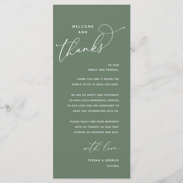 Programme Welcome and Thanks, Wedding Dinner Thank You Card (Devant)