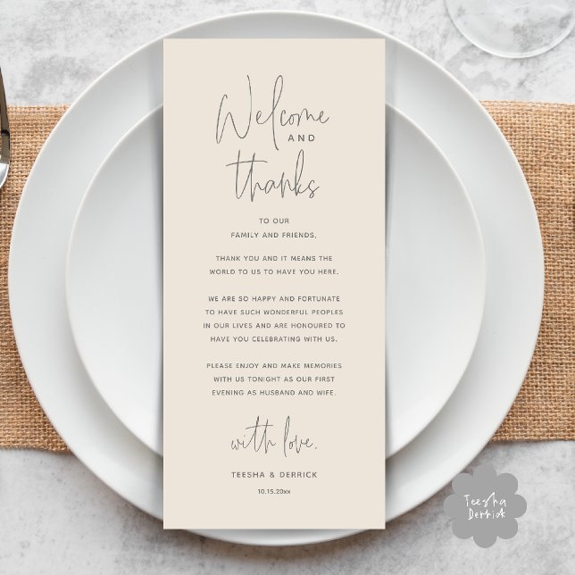 Programme Welcome and Thanks, Wedding Dinner Thank You Card (Welcome and Thanks, Wedding Dinner Thank You Card in Cream Grey)