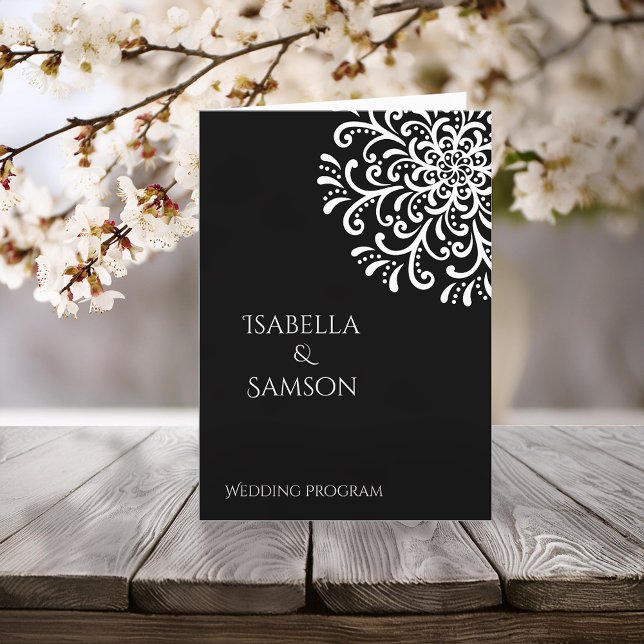 Programme Whimsical White On Black Flourish Wedding Programm (Créateur téléchargé)
