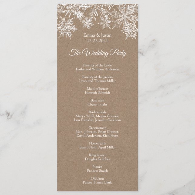 Programme Winter Wonderland White & Kraft Snowflakes Mariage (Devant)