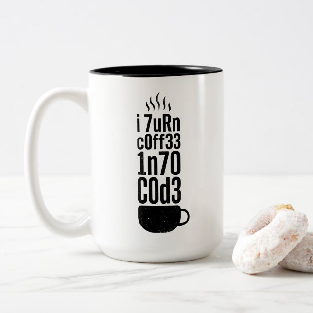Programmer Humor – Coffee Into Code Zweifarbige Tasse (Mit Donut)