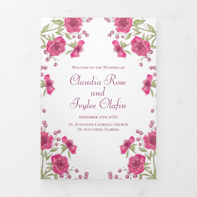 Programmes de mariage à la rose rose vif (Page de couverture)