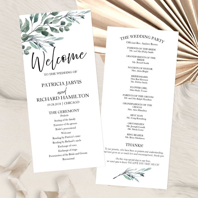 Programmes de mariage avec feuillage d'eucalyptus  (Créateur téléchargé)