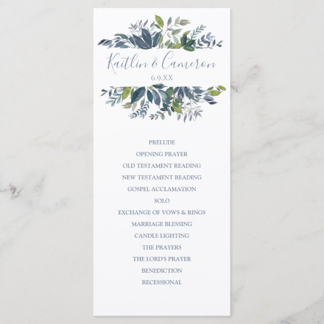 Programmes de Mariage - Feuillage Peint (Bleu Pous (Devant)