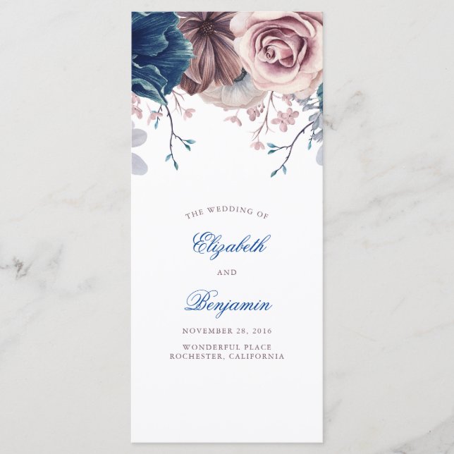 Programmes de mariage floral bleu marine et mauve (Devant)