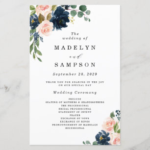 Programmes de mariage floral bleu marine et rose v