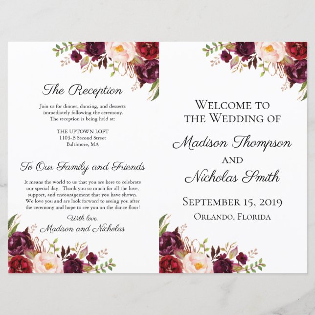 Programmes de mariage Marsala et floral rose (Devant)