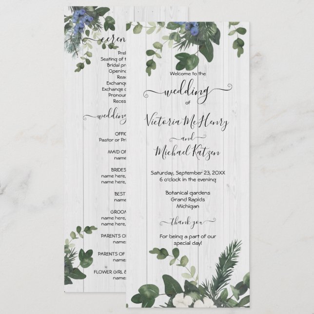 Programmkarte für rustikales Weißholz Menükarte (Vorne/Hinten)