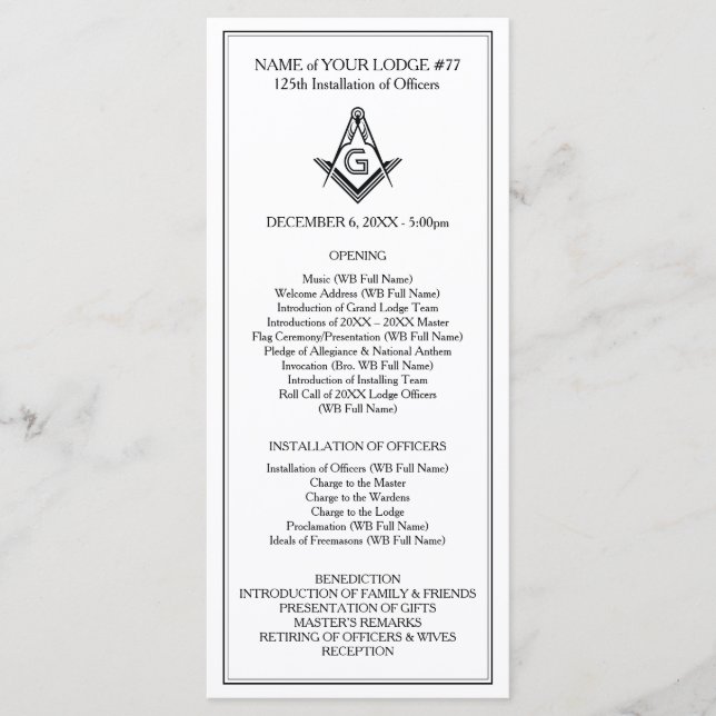Programmvorlage für Masonic Rack Card Programm (Vorderseite)