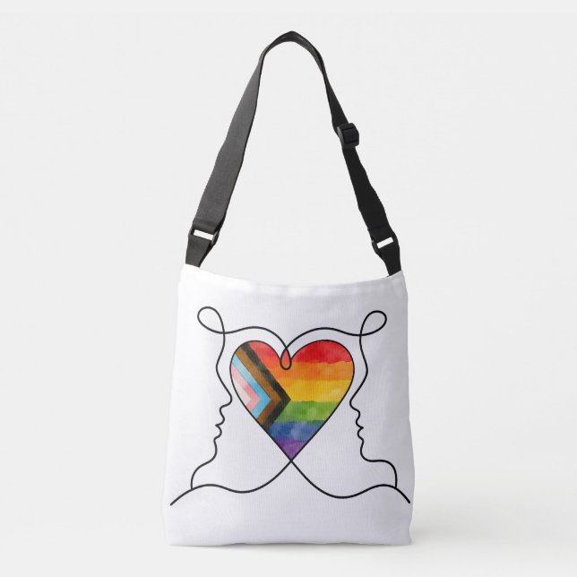 Progress Pride Heart Line Art Tragetaschen Mit Langen Trägern (Vorderseite)