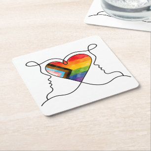 Progress Pride Herz Linienkunst Rechteckiger Pappuntersetzer