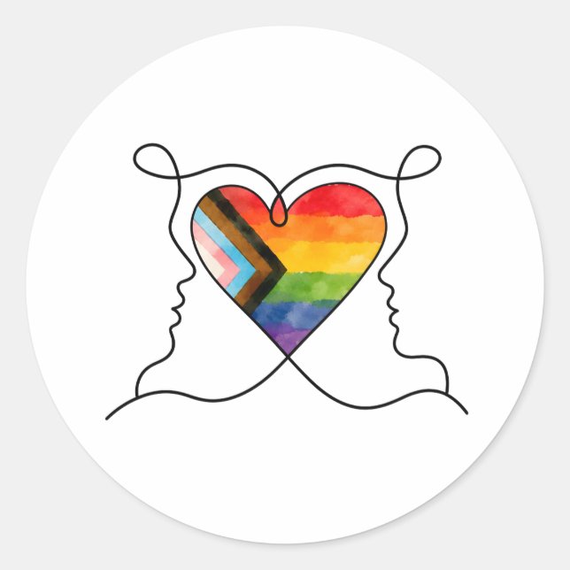 Progress Pride Herz Linienkunst Runder Aufkleber (Vorderseite)