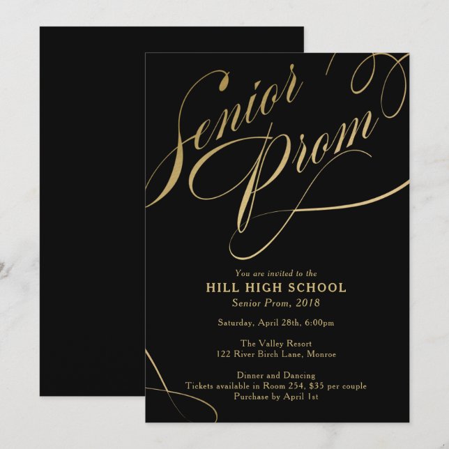 Prom-Einladung, Schwarzes & Gold-Script Senior Pro Einladung (Vorne/Hinten)