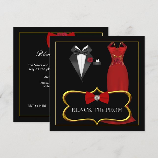 Prom High School Dance Formal Red Black Krawatte Einladung (Vorne/Hinten)