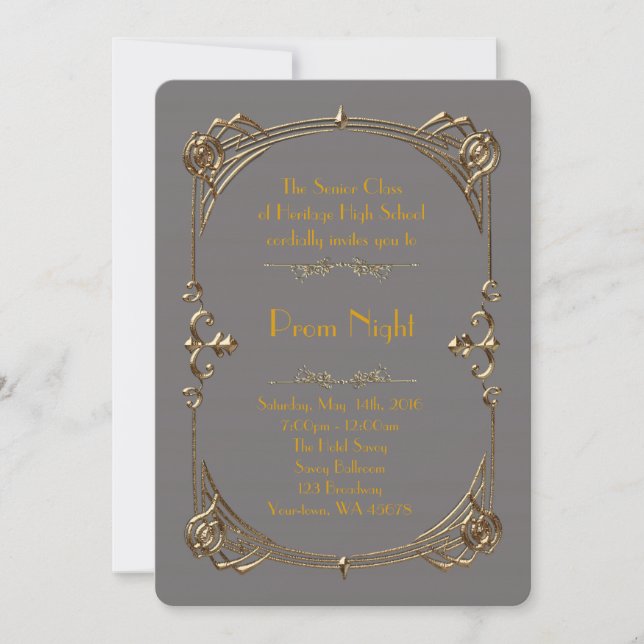 Prom Night Empire Stil, geschmolzenes Gold, grau Einladung (Vorderseite)