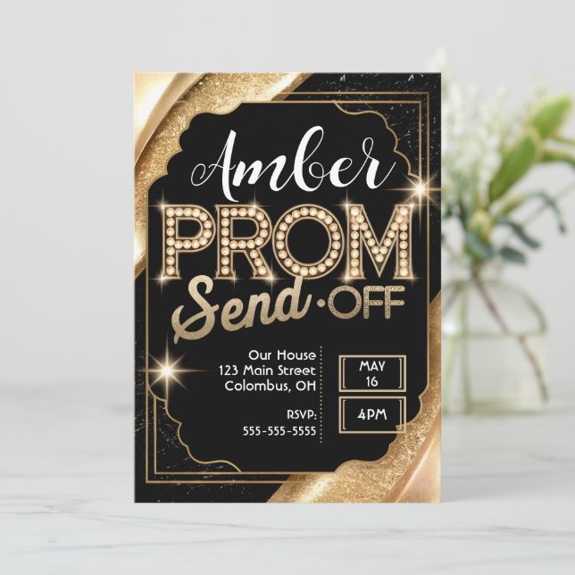 PROM-SEND-OFF-schwarz und Gold anpassen Einladung (Stehend Vorderseite)