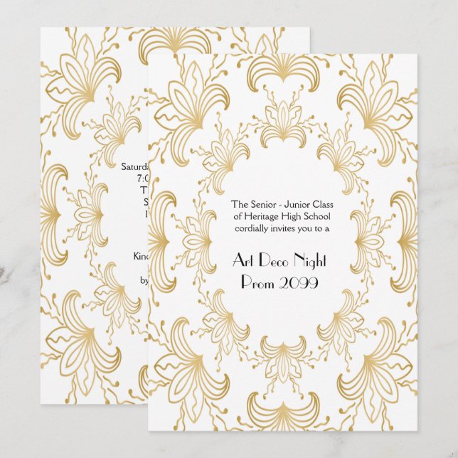 Prom Senior, Art Deco, Blume Stilisiert, Weißgold Einladung (Vorne/Hinten)