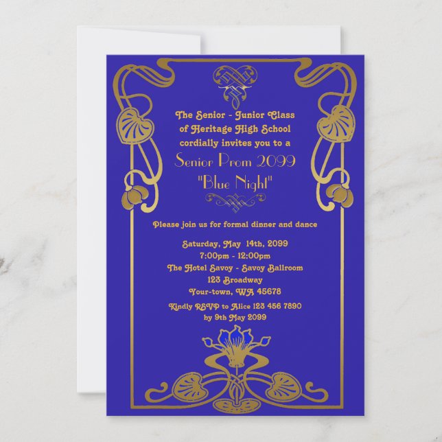 Prom Senior, Gatsby style, blue & gold, monogram Einladung (Vorderseite)