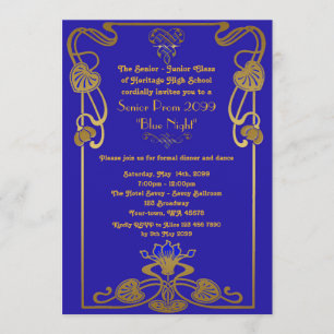 Prom Senior, Gatsby style, blue & gold, monogram Einladung