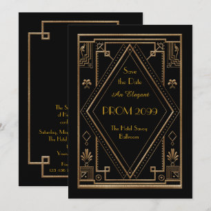 Prom Senior Junior, Black Gold Geometric, Art Deco Einladung