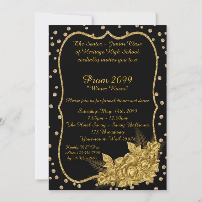Prom Senior-Junior, Confetti, schwarzes Gold der 1 Einladung (Vorderseite)