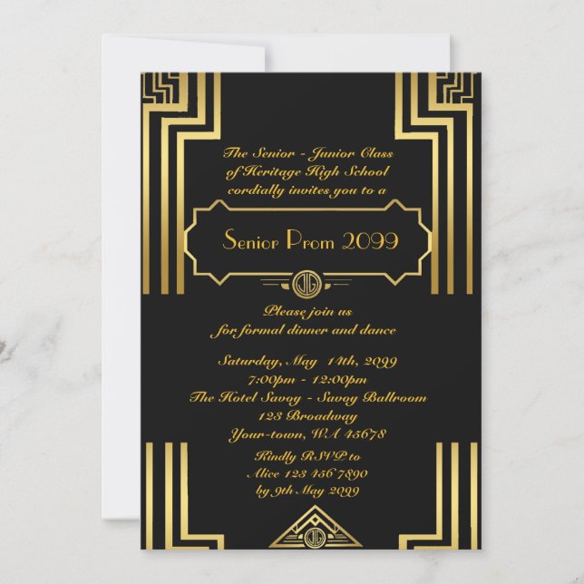 Prom Senior Junior, Gatsby style, art-Deko, schwar Einladung (Vorderseite)