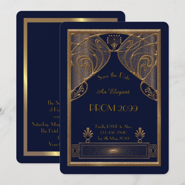 Prom Senior Junior, Marine, Gold Geometric, Art De Einladung (Vorne/Hinten)