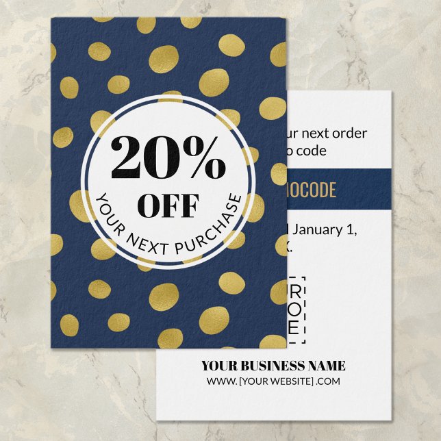 Promo Code Navy Blue Gold Circles Discount Cards (Von Creator hochgeladen)