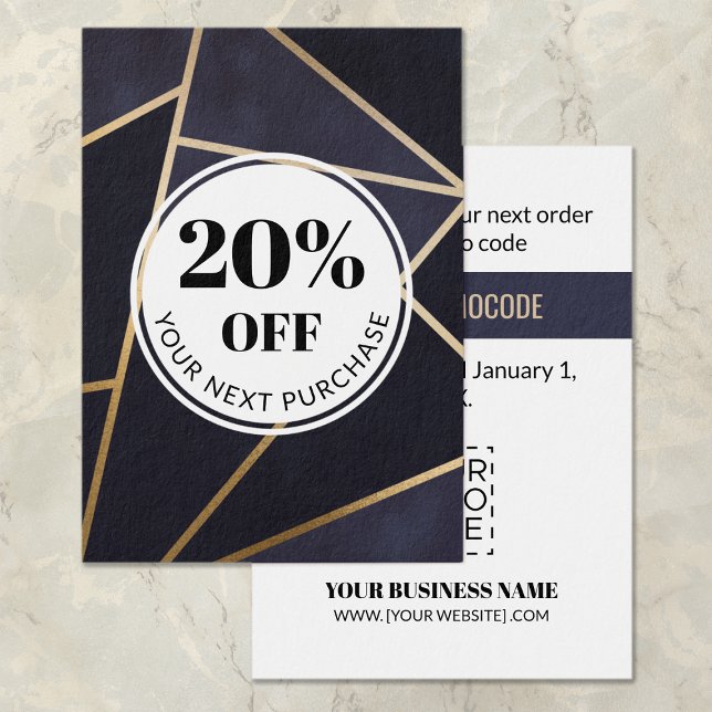Promo Code Navy Blue Gold Geometric Discount Cards (Von Creator hochgeladen)