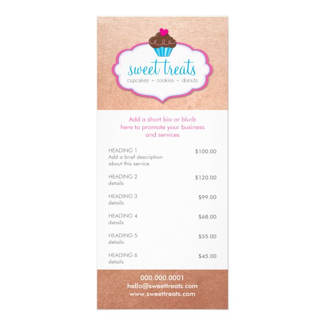 PROMO PRICE SERVICES LIST cupcake bakery Rose Gold Werbekarte (Vorne)