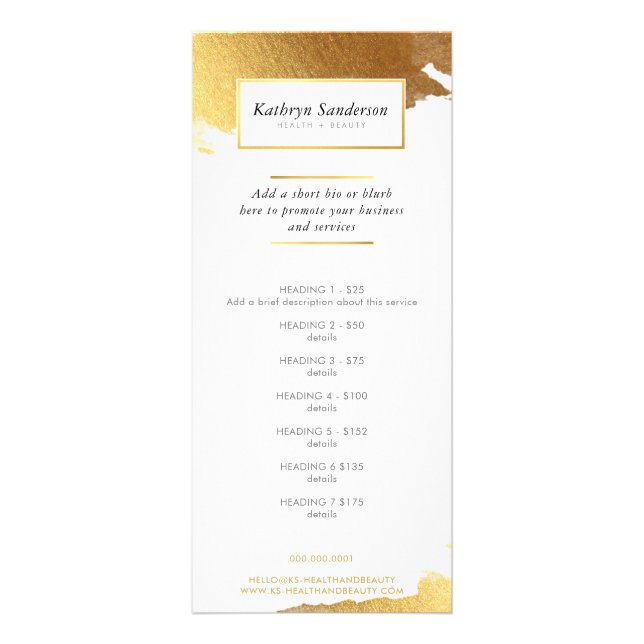 PROMO PRICE SERVICES LIST luxuriöses, modernes Gol Werbekarte (Vorne)