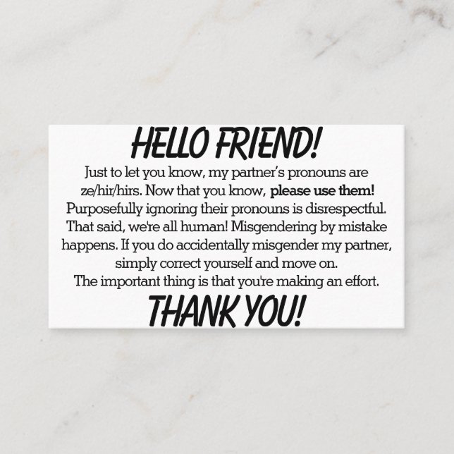 Pronoun Cards (ze/hir partner) Visitenkarte (Vorderseite)