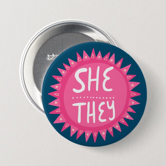 Pronouns Pink Sun Pride Handschrift Button (Vorne & Hinten)