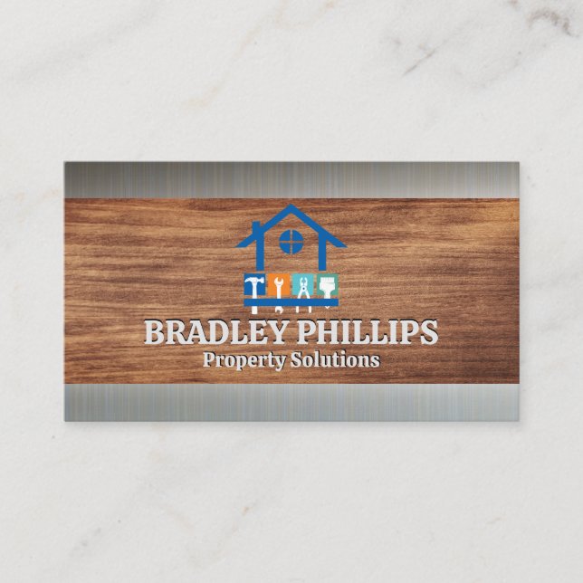 Property Repair Tools Logo | Wood Grain | Metal Visitenkarte (Vorderseite)