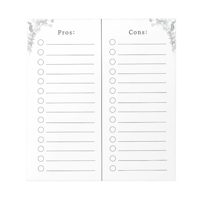 Pros And Cons Checklist List Notes Notizblock (Vorderseite)