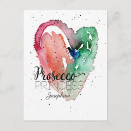 'Prosecco Princess' Monogramm Wasserfarbenherz Postkarte