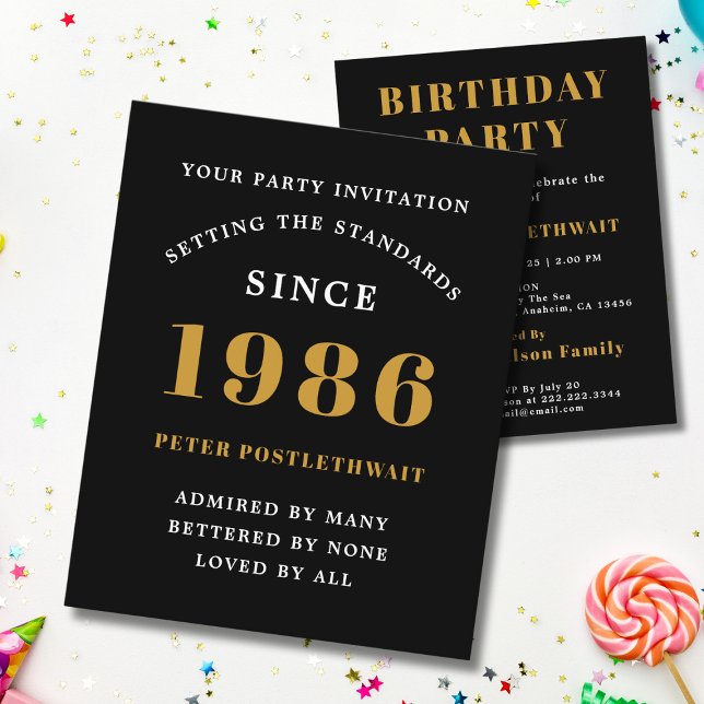 Prospectus 11,4 Cm X 14,2 Cm 1986 Budget 40th Birthday Invitation Black Gold (1986 budget birthday invitation. White background.)