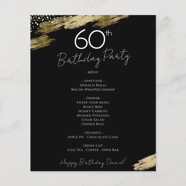 Prospectus 11,4 Cm X 14,2 Cm 60e anniversaire Black and Gold Party Menu Flyer (Devant)