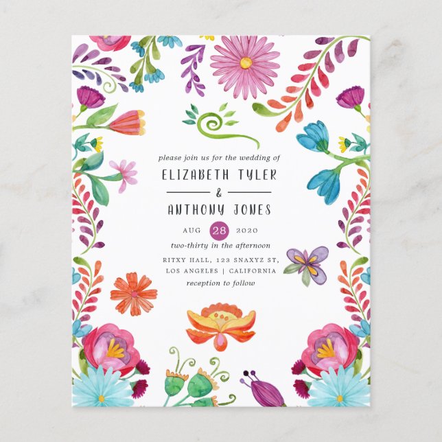 Prospectus 11,4 Cm X 14,2 Cm Aquarelle colorée Floral mexicain Fiesta Mariage (Devant)